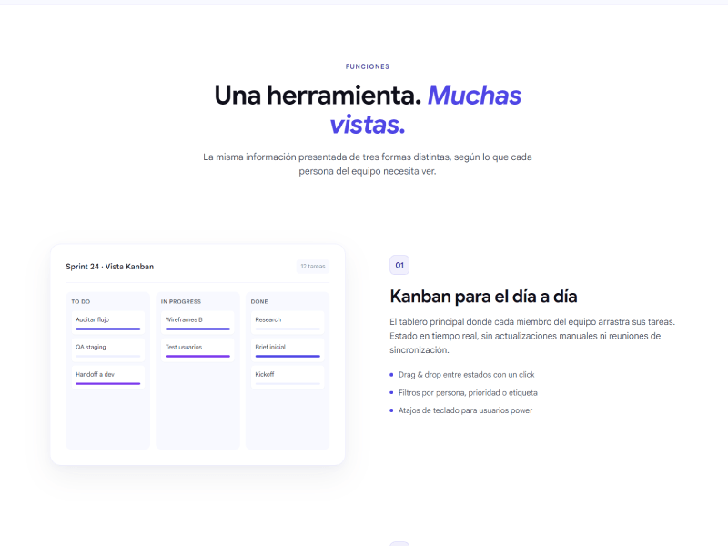 Taskflow — Sección de funciones con sticky scroll